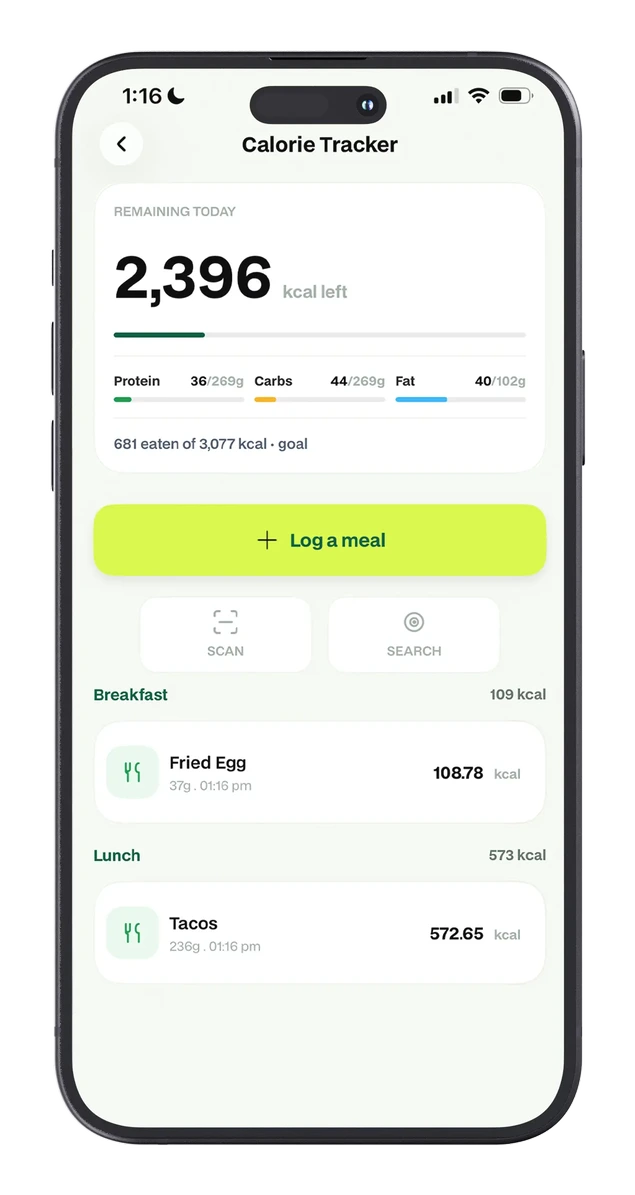 Primefit calorie tracker screen showing remaining calories and macros